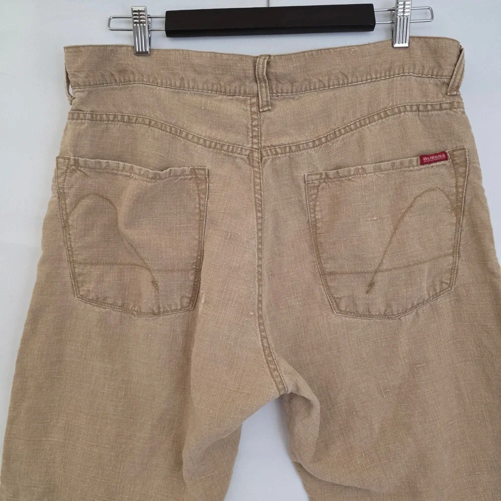 VTG Guess Jeans Mens 36x32 Tan 100% Linen Straight Leg Y2K Red Label 3-V-01